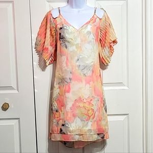 White House Black Market Ruffle Dress Cold Shoulder Sleeves Floral Pink …
